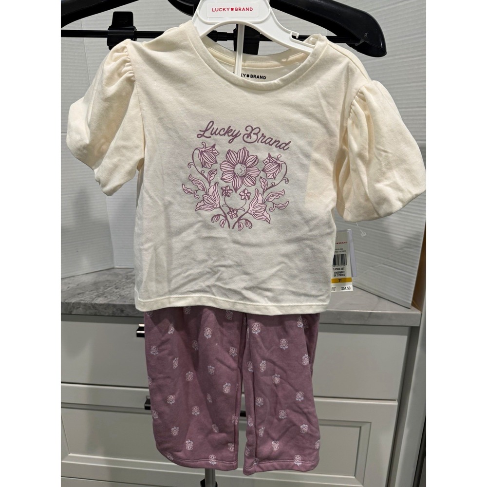 Lucky Brand Girls 3T 2-Piece Knit Floral T-Shirt & Pants Set, Ivory/Purple